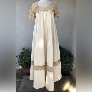 Vintage Maxi Boho Mexican Dress Beige Lace Cotton XS Tipicano MX.